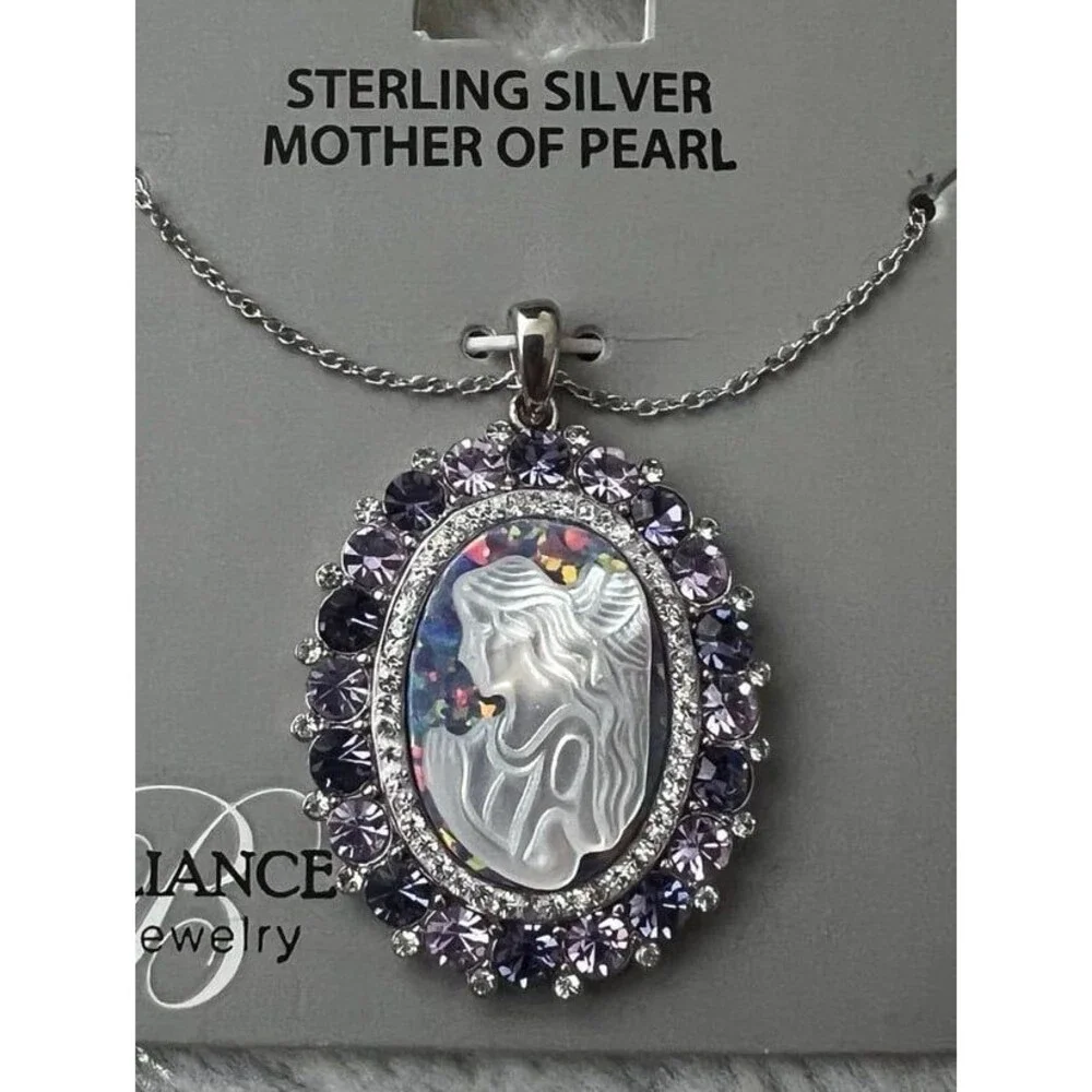 Mother of Pear with crystals angel design Sterling silver 925 Pendant